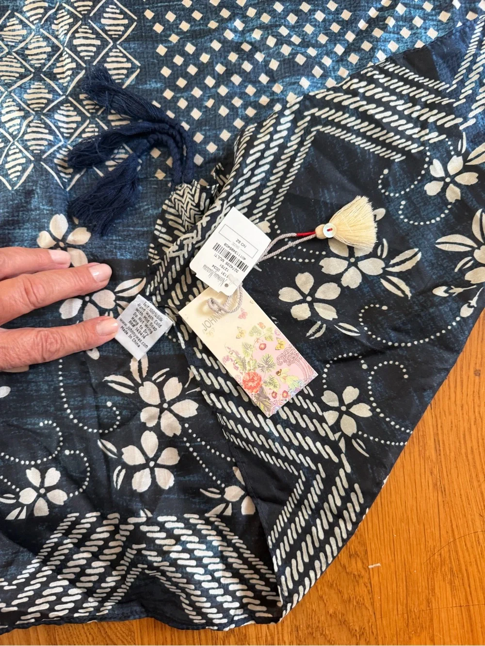 NWT Johnny Was Navy Floral Patchwork Throw with Tassels
